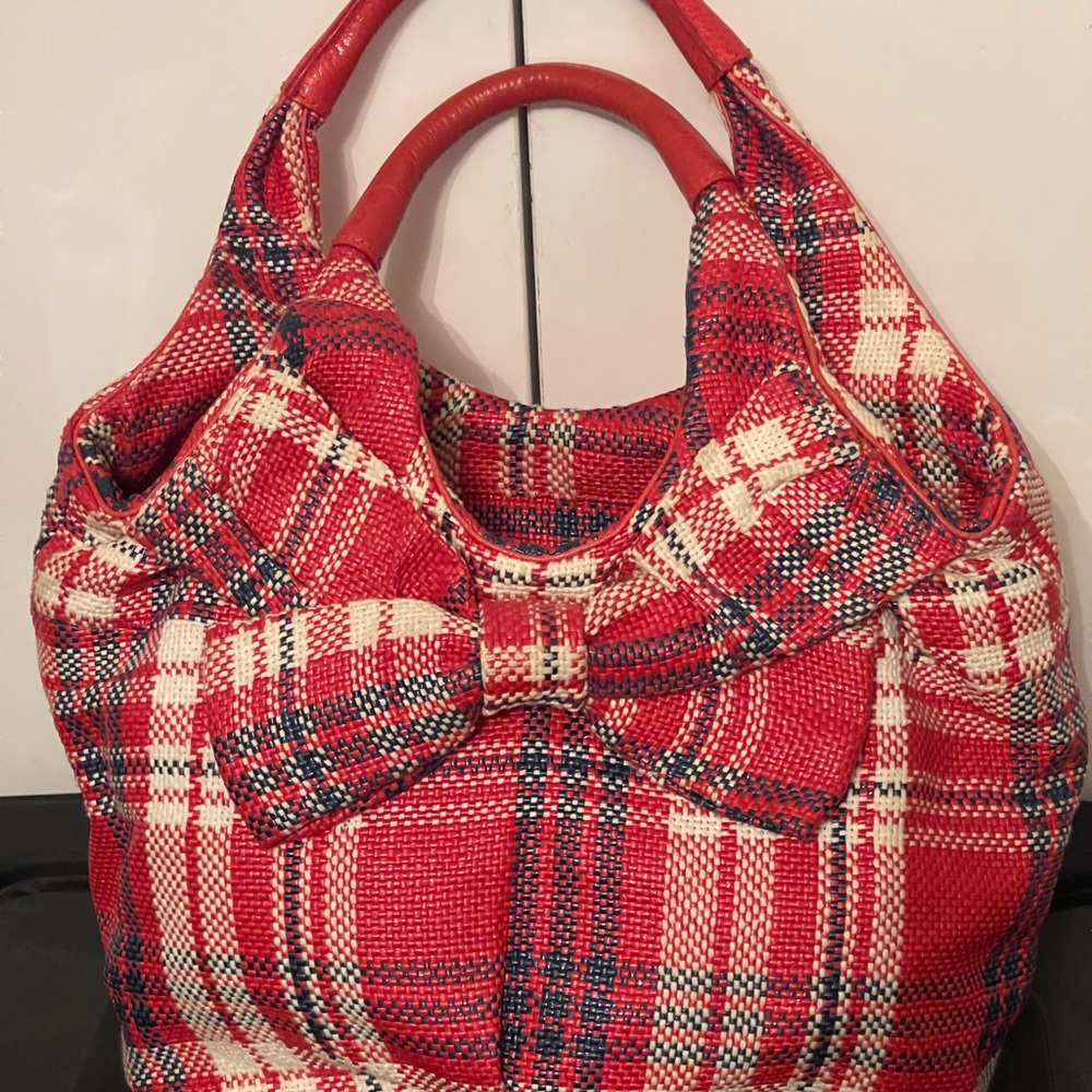 Kate Spade Bow front Plaid Medium Satchel/Handbag Red/Cream/Navy - Picture 2 of 11